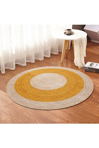 Bonny Home Sarı  Bej Jüt Yuvarlak Hasır Halı Yolluk Salon Oda Mutfak Halısı K...