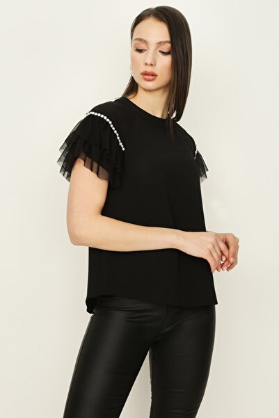 Select Moda Kadın Siyah Kolları İnci Ve Fırfır Detaylı Bluz