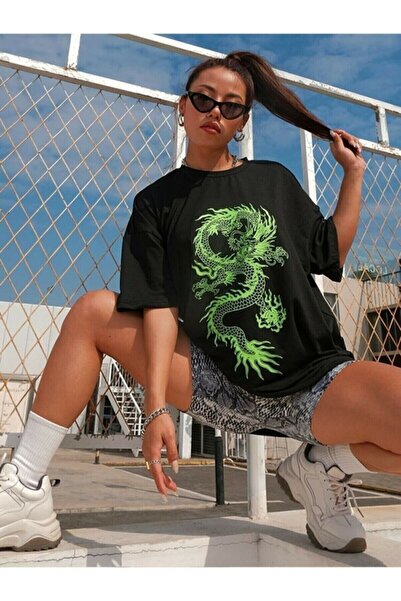 Harmandar Μπλουζάκι Green Dragon Dragon Digital Printed Unisex Μαύρο Oversize