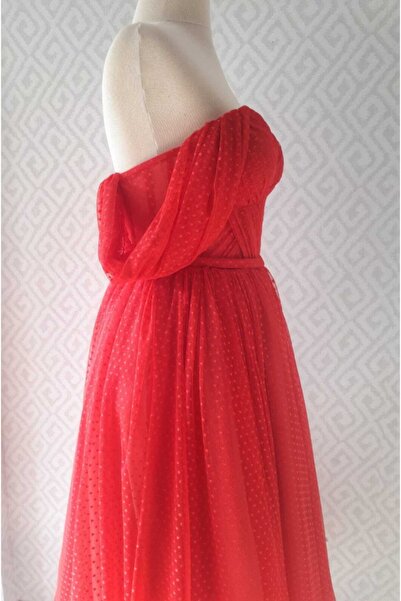 Lenta Moda Kadın Kırmızı Puantiyeli Midi Boy Abiye Elbise