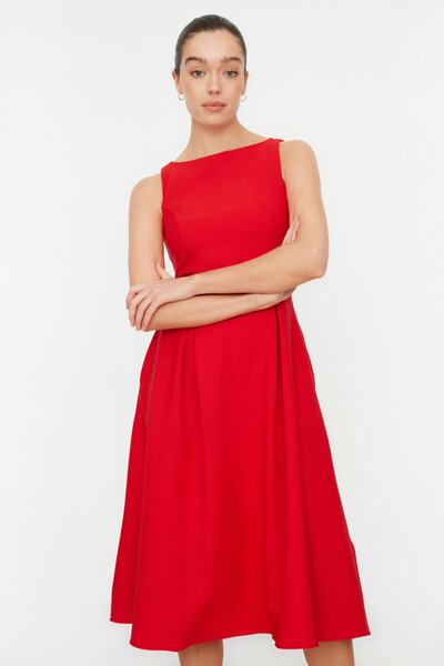 Trendyol Collection Piros derékrészen nyíló redős bélésű Midi szőtt ruha TWOSS20EL0980