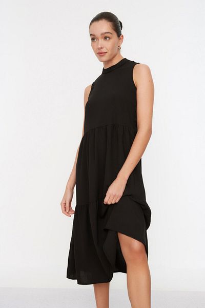 Trendyol Collection Μαύρο υφαντό φόρεμα με γιακά με ίσια κοπή TWOSS20EL1864