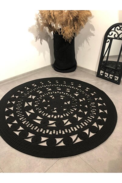 TurQhouse Salyangoz Doğal Hasır Halı El Örmesi Jüt Tasarım Antialerjik Siyah ...