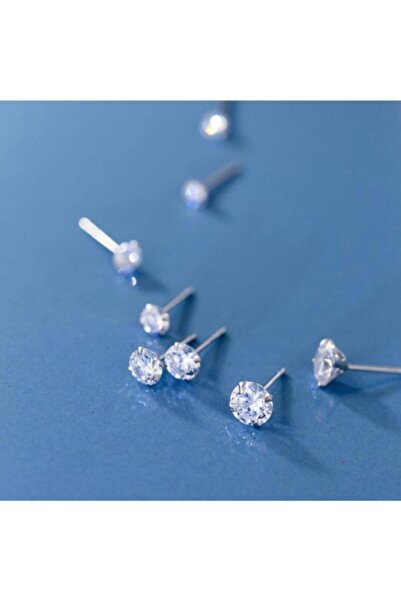 BERCHINE 4 Mm 2 Çift Kombin Cubic Zirkon 925 Ayar Gümüş Tektaş Çivi Küpe