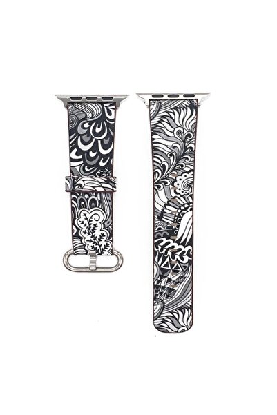 Schulzz Çiçek Desenli Watch 7-6-5-4-3-2 42-44 mm Uyumlu Kordon Kayış Sk06 Siy...