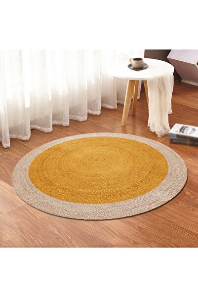 Bonny Home Sarı Jüt Yuvarlak Hasır Halı Salon Oda Mutfak Halısı Ks-1075
