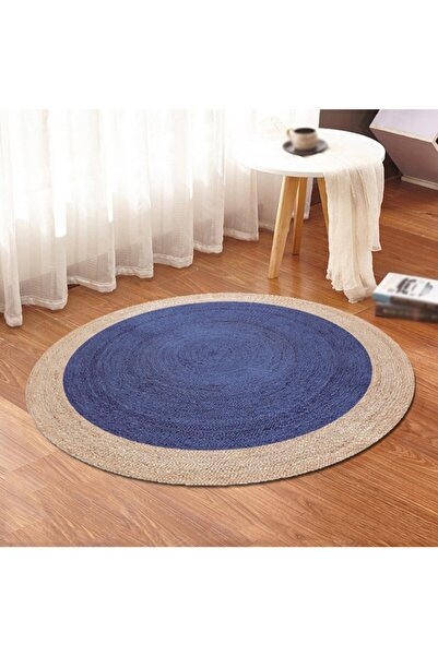 Bonny Home Mavi Jüt Yuvarlak Hasır Halı Salon Oda Mutfak Halısı Ks-1079