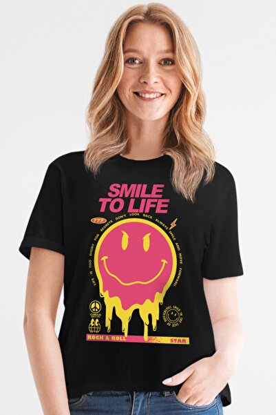 ROCKANDROLL Smile at Life Tricou negru cu mânecă scurtă pentru femei
