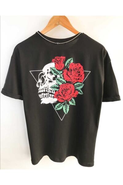Genel Markalar Unisex Kuru Kafa Gül Baskılı Oversize Penye T-shirt Tişört