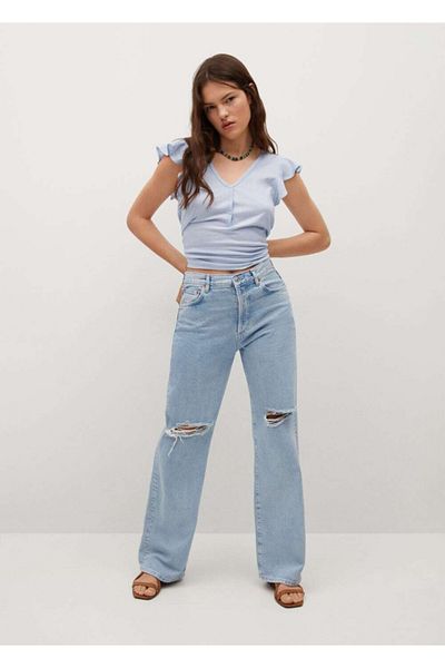 MANGO Woman Blaues Damen-T-Shirt aus Baumwolle mit Rüschen