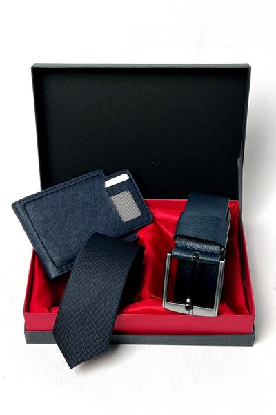 High Class Deri Erkeklere Özel Kanguru Model Vegan Deri Cüzdan & Deri Kemer & Kravat Hediye Seti