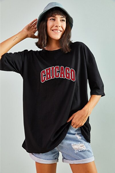 FUWEAR Γυναικείο βαμβακερό μαύρο μπλουζάκι με σχέδιο Chicago