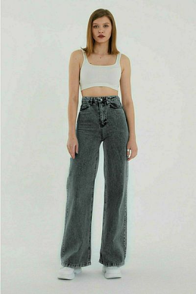 Trn JNS My Pep 90's Smoked Snow Lycra Super High Waist Loose Jean Trousers
