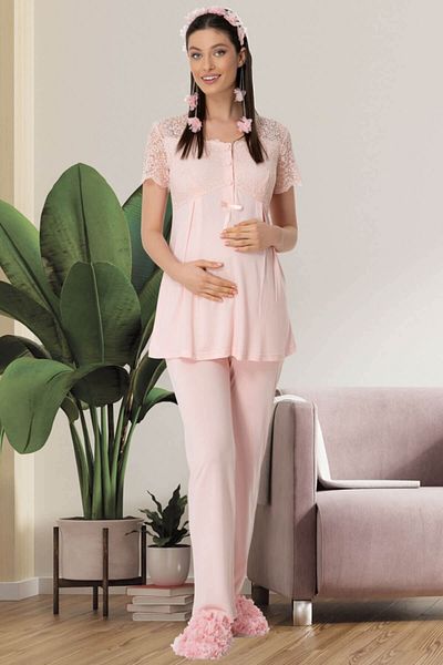 Mecit Women's Powder Lace Detailed Maternity Pajama Set