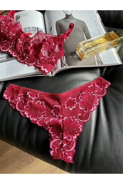 Pina مجموعة سراويل حمالة صدر من الدانتيل باللون الأبيض العنابي