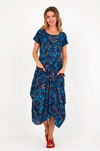 AYASOFYA OTANTIK Rochie de damă, albastru petrol, boem, cu model, buzunare, ciucuri, țesută, etnică, autentică