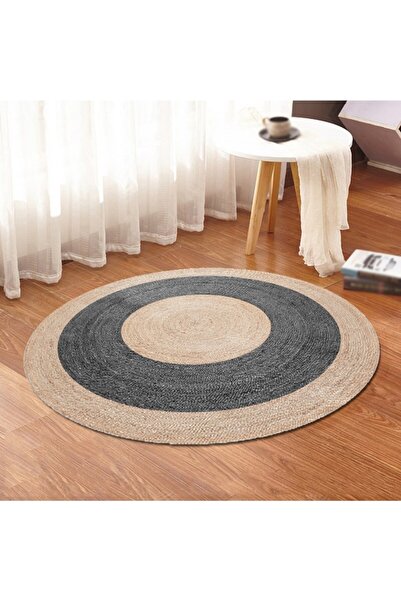 Bonny Home Antrasit & Bej Jüt Yuvarlak Hasır Halı Salon Oda Mutfak Halısı Ks-...