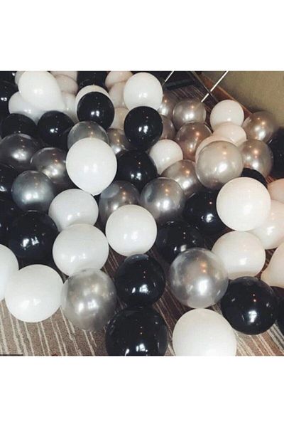 BEST PARTİ DOĞUM GÜNÜ PARTİ SÜSLERİ 50 Balloons (Black - White - Silver Gray Mixed) + 5 Mt Balloon Chain