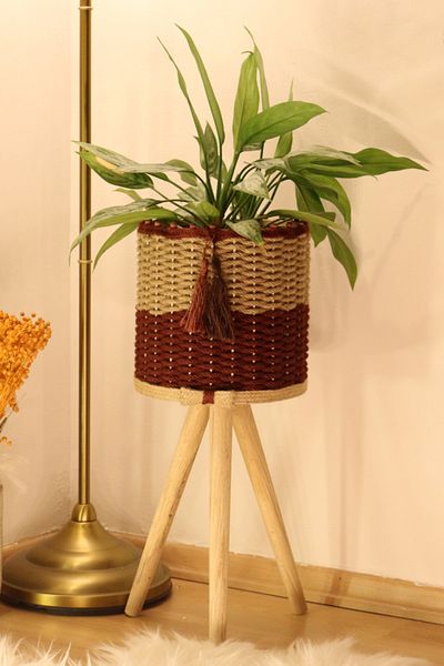 Monchi 36cm Jute Braided Wicker Basket - Wooden Flower Pot Foot Cherry Rotten