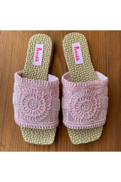 Pomidik Women's Baby Pink Lace Patterned Summer House Slippers