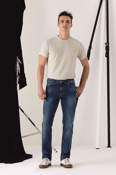 Pantamo Jeans Тесни прави мъжки дънки със среден тон, зеленикаво сини