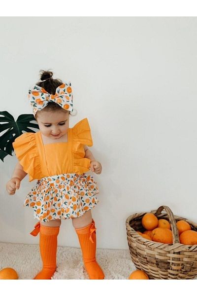 yayakids Girl's Orange Orange Pattern Fruit Bandana and Salopet Set of 2