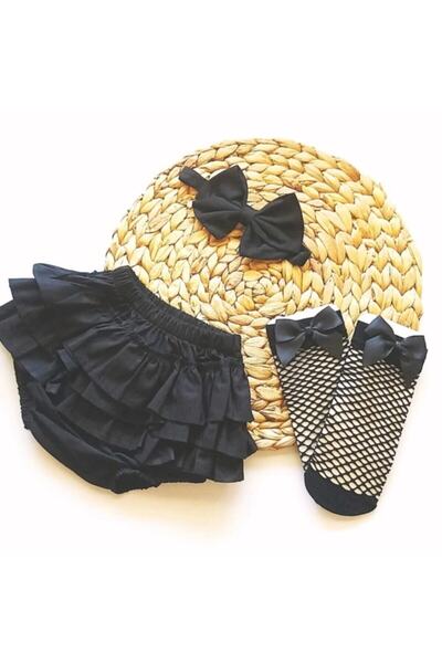 Asa Bebek Çocuk طقم بناتي باللون الأسود مع شورت مكشكش، ضمادة، بلوزة وجوارب شب...