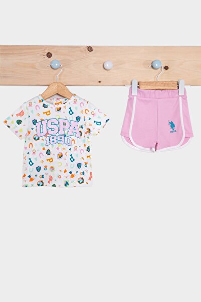U.S. Polo Assn. Base. Polo Assn Cream Pink Baby Girl Ribbed Shorts Set