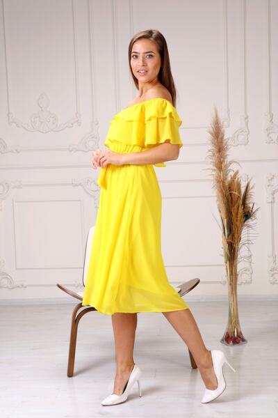 Azra Style Women's Yellow Collar Belted Plus Size Chiffon Dress