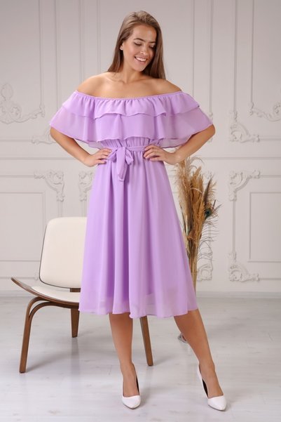 Azra Style Women's Madonna Collar Belted Lilac Chiffon Dress