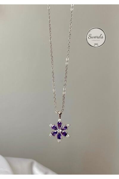 SWORDS CONCEPT Zirkon Taşlı Kamelya Çiçeği Kadın Gümüş Kolye Mor