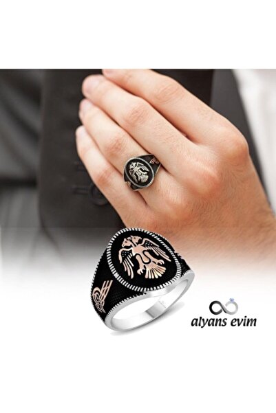 ALYANSEVİM Gümüş Selçuklu Çift Kartal Başlı Erkek Yüzük