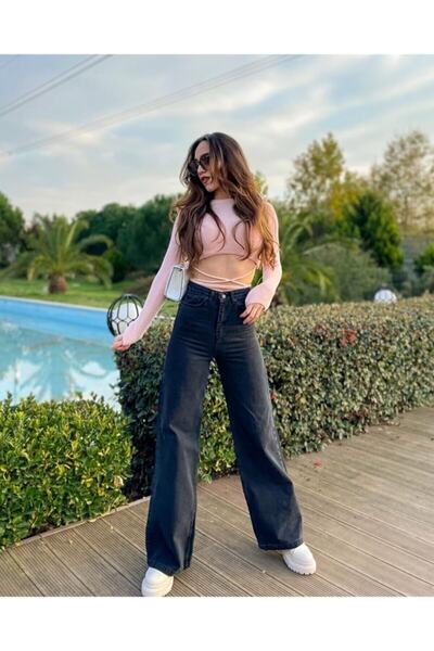 Trn JNS Μαύρο Lycra Super ψηλόμεσο φαρδύ τζιν παντελόνι (σούπερ ψηλό) φαρδύ πόδι