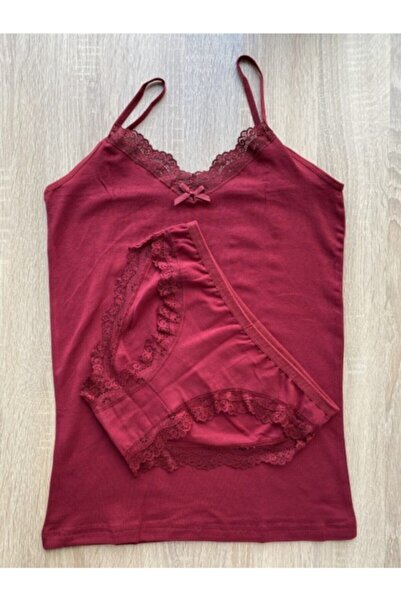 KOTA Bordo Renk Kadın Atlet Ve Külot Takımı Dantelli