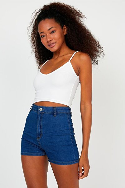 The Base Women's Ecru Scuba Fabric Front Back V-Neck Rope Strap Crop Top