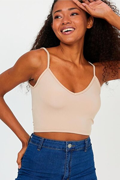 The Base Women's Beige Scuba Fabric Front Back V-Neck Rope Strap Crop Top