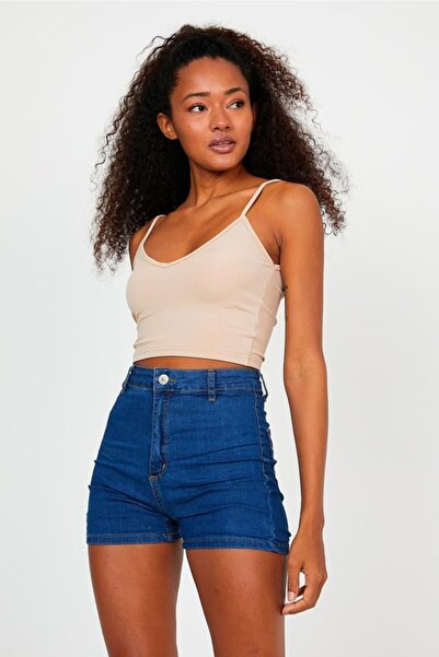 The Base Women's Beige Scuba Fabric Front Back V-Neck Rope Strap Crop Top