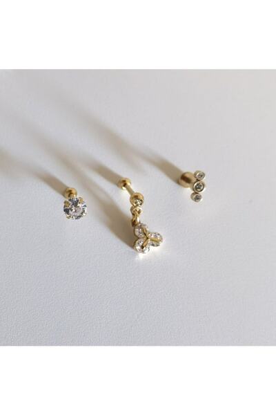 Bylin Cerrahi Çelik Üç Taş Charmlı & Tek Taşlı Üçlü Gold Piercing Set- 3 Adet...