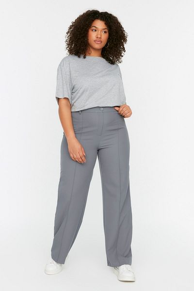 Trendyol Curve Graue Hose mit hoher Taille und gerippten Nähten im spanischen Stil TBBSS22PL0301