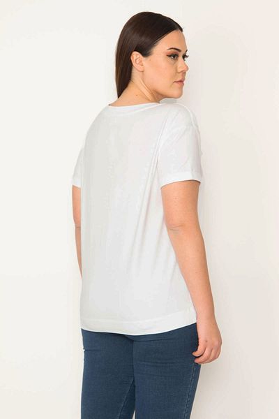 Şans Women's Large Size White Cotton Fabric Front Lame Print Detailed Blouse 65n23843