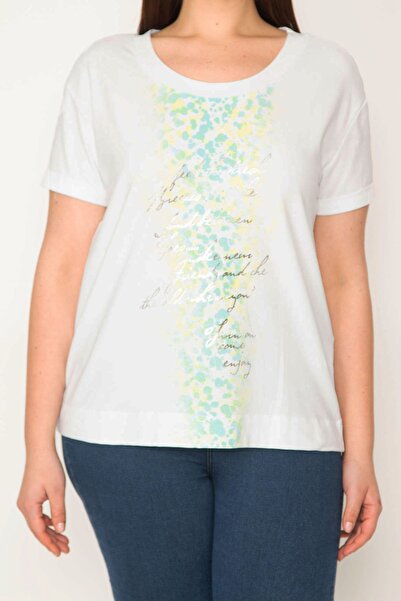 Şans Γυναικείο μεγάλο μέγεθος λευκό βαμβακερό ύφασμα μπροστά Lame στάμπα Λεπτομερής μπλούζα 65n23843