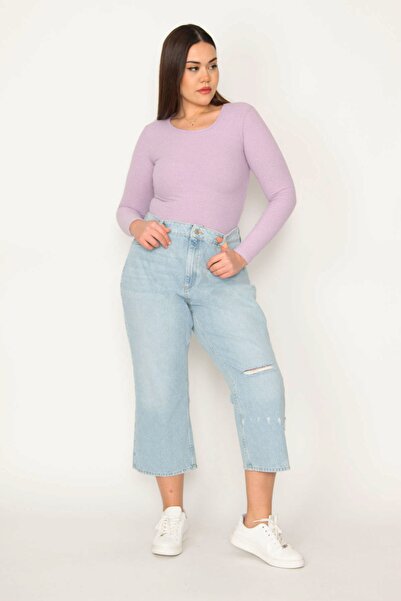 Şans Női nagyméretű kék ​​szakadt részletes mosás hatású 5 zsebes farmernadrá...