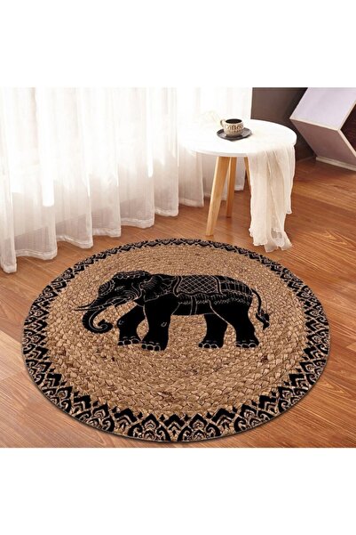 Bonny Home Büyük Fil Desenli Jüt Yuvarlak Hasır Halı Yolluk Salon Oda Mutfak Halısı Ks-1024