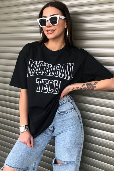 MODAGEN Women's Black Michigan Tech Letter Printed Oversize T-shirt