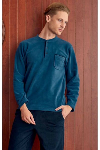 KLY PİJAMA Kly - Midi γιακάς, Antipiling Fleece, Τσέπη, 3 κουμπιά μπροστά, Ανδρικό 1ο Σετ Πιτζάμες Τάξης