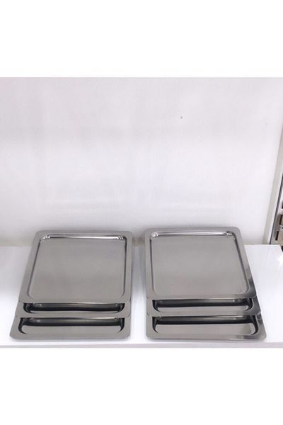 Aslı Hediyelik 6 Pieces Stainless Steel Square Silver Presentation Tray - Tea and Coffee Decorative