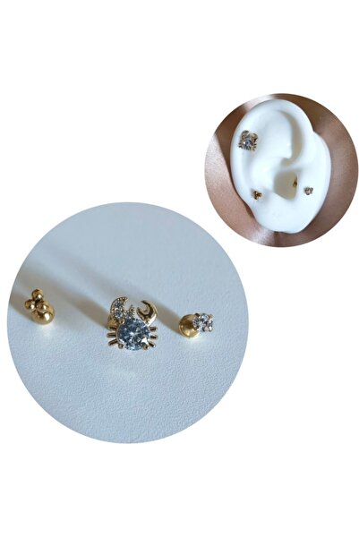 Bylin Cerrahi Çelik Yengeç & Tek Taşlı Üçlü Gold Piercing Set- 3 Adet - 6 Mm