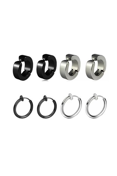Jaida Moda Unisex Black And Silver Color 4 Pairs Set Non-perforated Hoop Steel Earrings