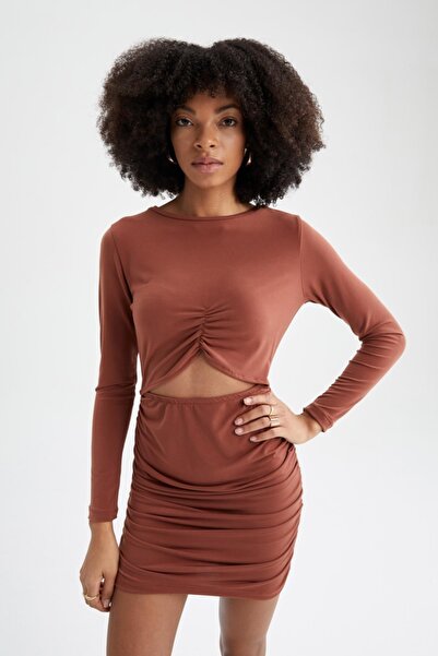 DeFacto Sukienka mini z okrągłym dekoltem i długim rękawem