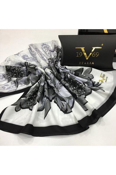 19V69 ITALIA White Black Shawl Floral Series Pavia Series with Scarf Hanger and Gift Set 90x200 Cm